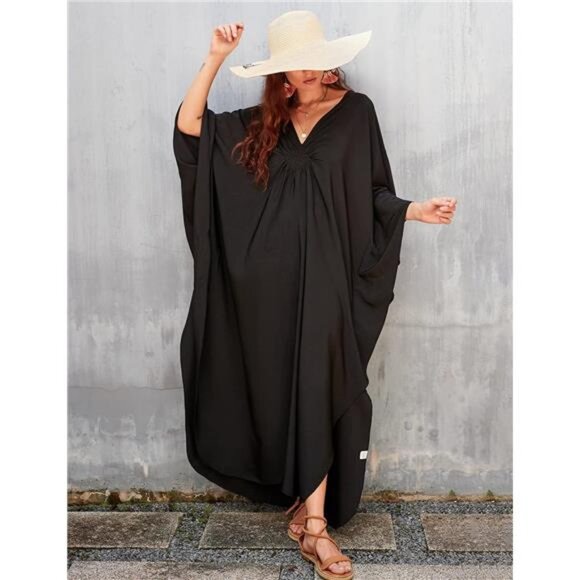 Women Solid Color Cover Up V Neck Batwing Sleeve Plus Size Beach - Picture 2 of 7